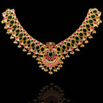 Grand Ruby Emerald Polki Necklace with Pearl Drops in Gold Finish