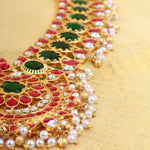Grand Ruby Emerald Polki Necklace with Pearl Drops in Gold Finish