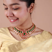 Grand Ruby Emerald Polki Necklace with Pearl Drops in Gold Finish