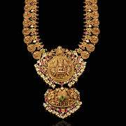 Heavy Bridal Kasu Temple Necklace with Lakshmi Pendant and Ruby Accents