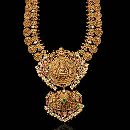 Heavy Bridal Kasu Temple Necklace with Lakshmi Pendant and Ruby Accents