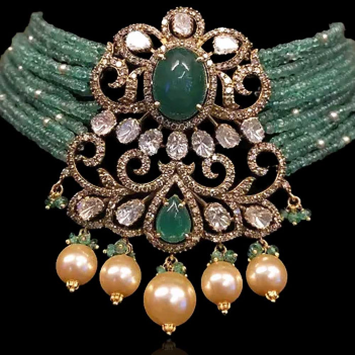 Heavy Centre Pendant with Polki Look Stones on Emerald Mala Choker