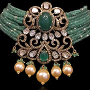 Heavy Centre Pendant with Polki Look Stones on Emerald Mala Choker