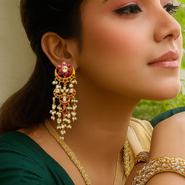 Heritage Ruby Polki Chandbali Earrings with Pearl Drops