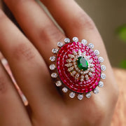 Invisible Setting Ruby Ring with Emerald Brilliance