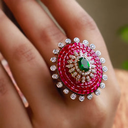 Invisible Setting Ruby Ring with Emerald Brilliance