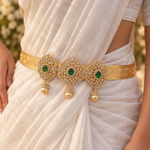 Emerald Green Stone & Diamond Look Gold Polish Vaddanam Waist Belt