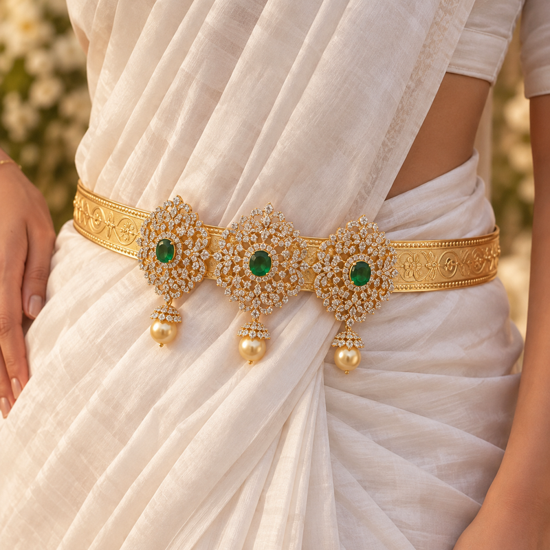 Emerald Green Stone & Diamond Look Gold Polish Vaddanam Waist Belt