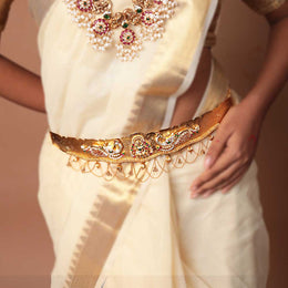 Lakshmi Devi & Peacock Engraved Gold Plated Oddiyanam Waist Belt