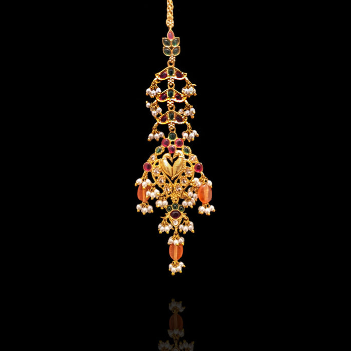 Long Bridal Mang Tikka Design with Colorful Stones