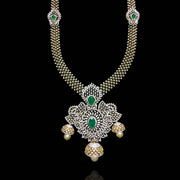 Long Diamond Look Necklace with Emerald Accents and Pearl Drops