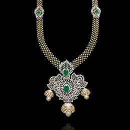 Long Diamond Look Necklace with Emerald Accents and Pearl Drops