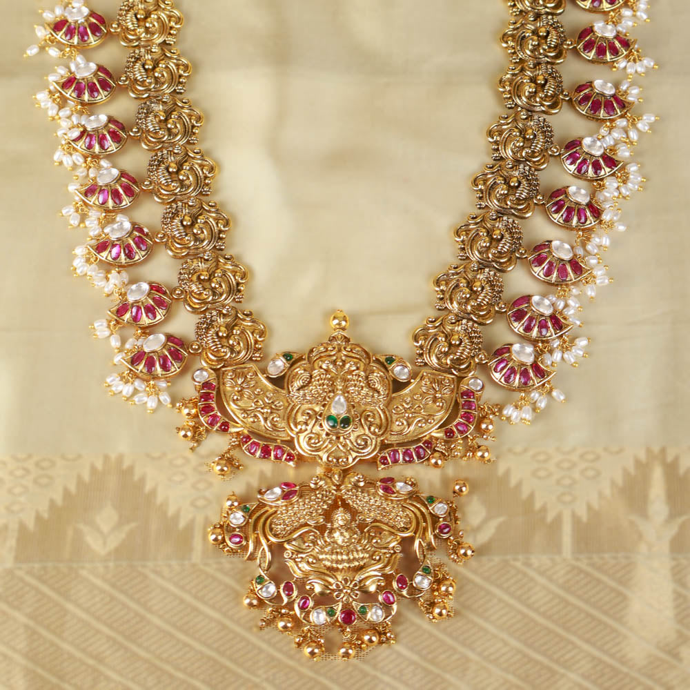 Majestic Lakshmi Temple Necklace with Ruby & Pearl Accents