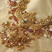 Majestic Lakshmi Temple Necklace with Ruby & Pearl Accents