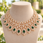 Emerald Diamond Look Pearl Choker Necklace + Earrings Set in Gold Polish