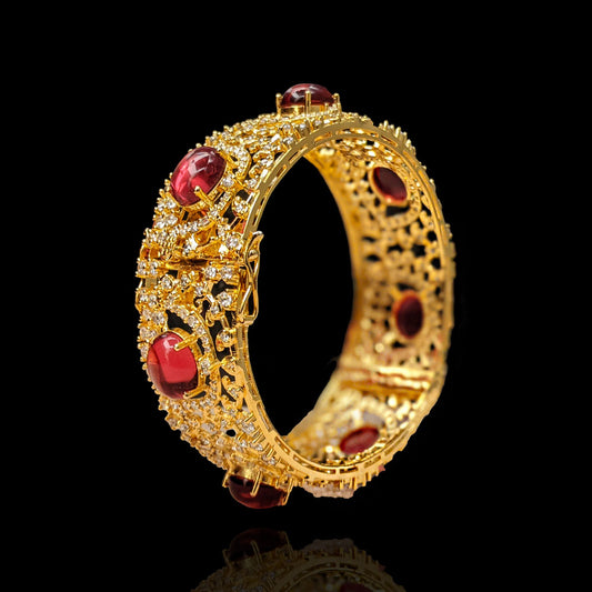 Opulent Gold Plated Ruby Cabochon Diamond Look Openable Kada Bangle