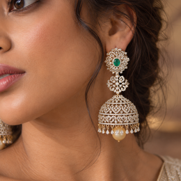 Emerald Green Diamond Look Gold Polish Jhumka Earrings with Pearls