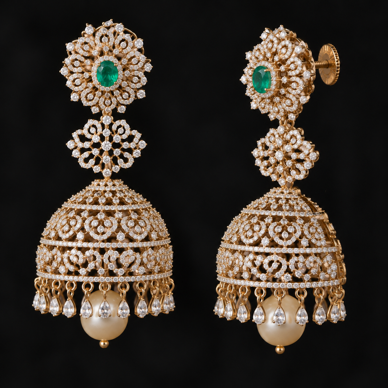 Emerald Green Diamond Look Gold Polish Jhumka Earrings with Pearls