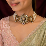 Pearl Choker Necklace with Black Enamel & Green Stones