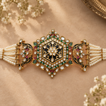 Pearl Choker Necklace with Black Enamel & Green Stones