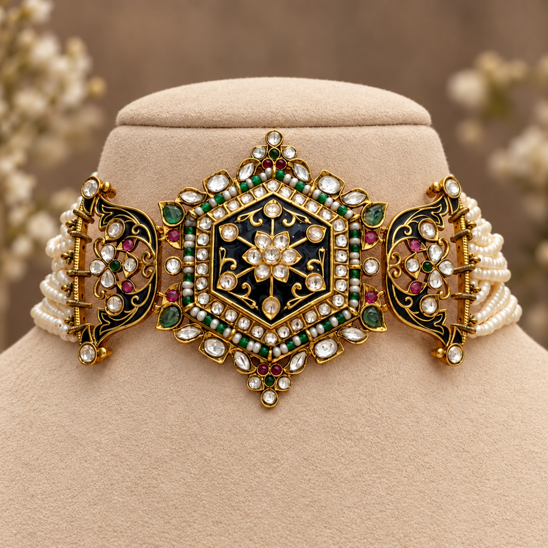 Pearl Choker Necklace with Black Enamel & Green Stones