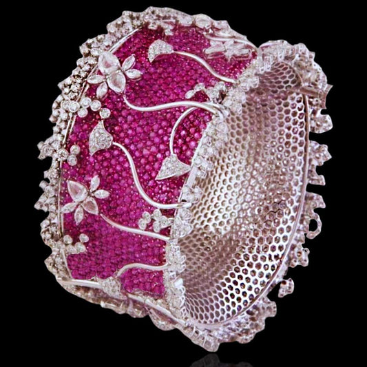 Pave Setting Ruby Look Cuff Statement Bracelet with Diamond Look
