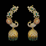 Peacock Cuff Earrings with Ruby Floral Design Diamond Look Jhumkas