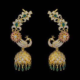 Peacock Cuff Earrings with Ruby Floral Design Diamond Look Jhumkas