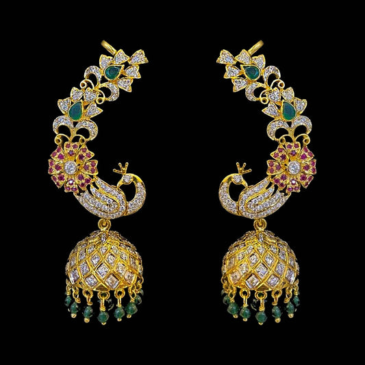 Peacock Cuff Earrings with Ruby Floral Design Diamond Look Jhumkas