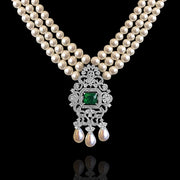 Pearl Necklace with Elegant CZ Diamond & Emerald Pendant