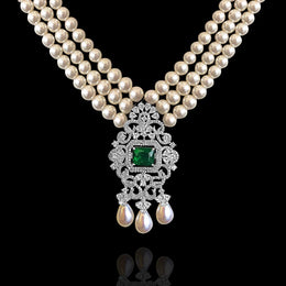 Pearl Necklace with Elegant CZ Diamond & Emerald Pendant