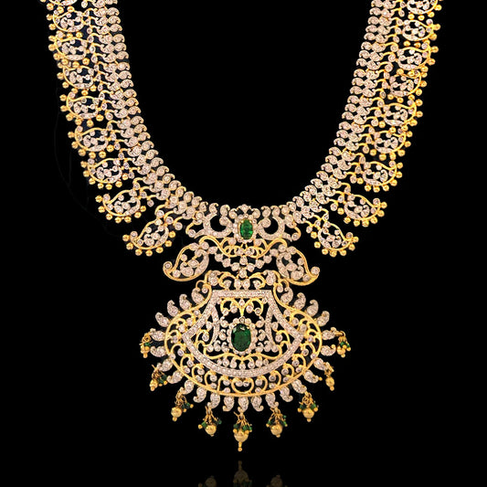 Gold-Plated CZ Diamond Jhumka with Emerald Accent - Earrings + Necklace Set