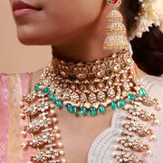 Polki Look Polki Look Bridal Choker with CZ Diamonds and Green Beads in Gold Polish