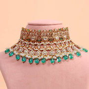 Polki Look Polki Look Bridal Choker with CZ Diamonds and Green Beads in Gold Polish
