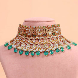 Polki Look Polki Look Bridal Choker with CZ Diamonds and Green Beads in Gold Polish