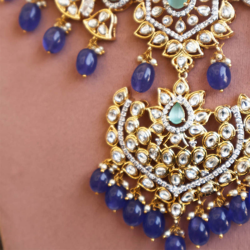 Polki Look Emerald Blue Bead Bridal Necklace | Gold Plated Wedding Jewellery