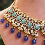 Polki Look Emerald Blue Bead Bridal Necklace | Gold Plated Wedding Jewellery