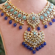 Polki Look Emerald Blue Bead Bridal Necklace | Gold Plated Wedding Jewellery