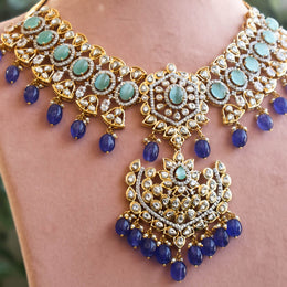 Polki Look Emerald Blue Bead Bridal Necklace | Gold Plated Wedding Jewellery