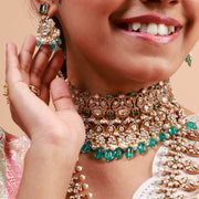 Polki Look Polki Look Bridal Choker with CZ Diamonds and Green Beads in Gold Polish