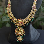 Pure Silver Gold Plated Bridal Haram with Temple Pendant and Green Drops