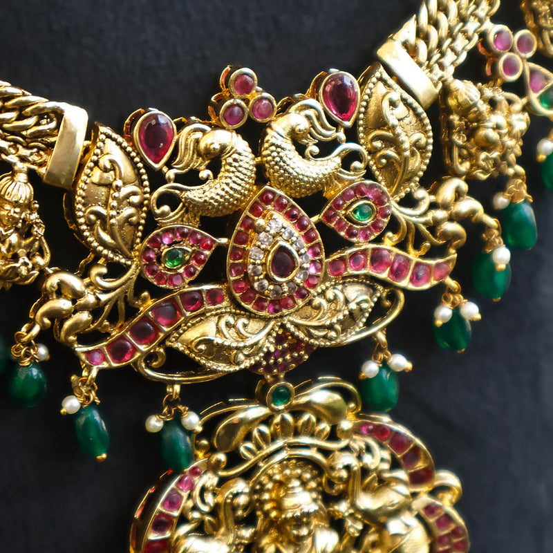 Pure Silver Gold Plated Bridal Haram with Temple Pendant and Green Drops