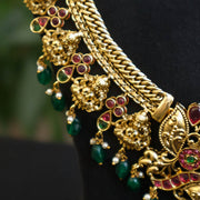 Pure Silver Gold Plated Bridal Haram with Temple Pendant and Green Drops