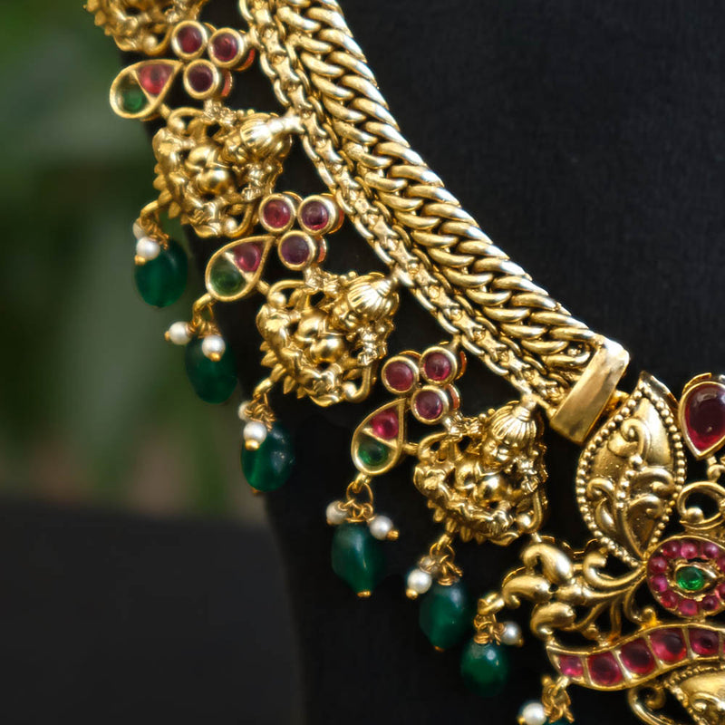 Pure Silver Gold Plated Bridal Haram with Temple Pendant and Green Drops