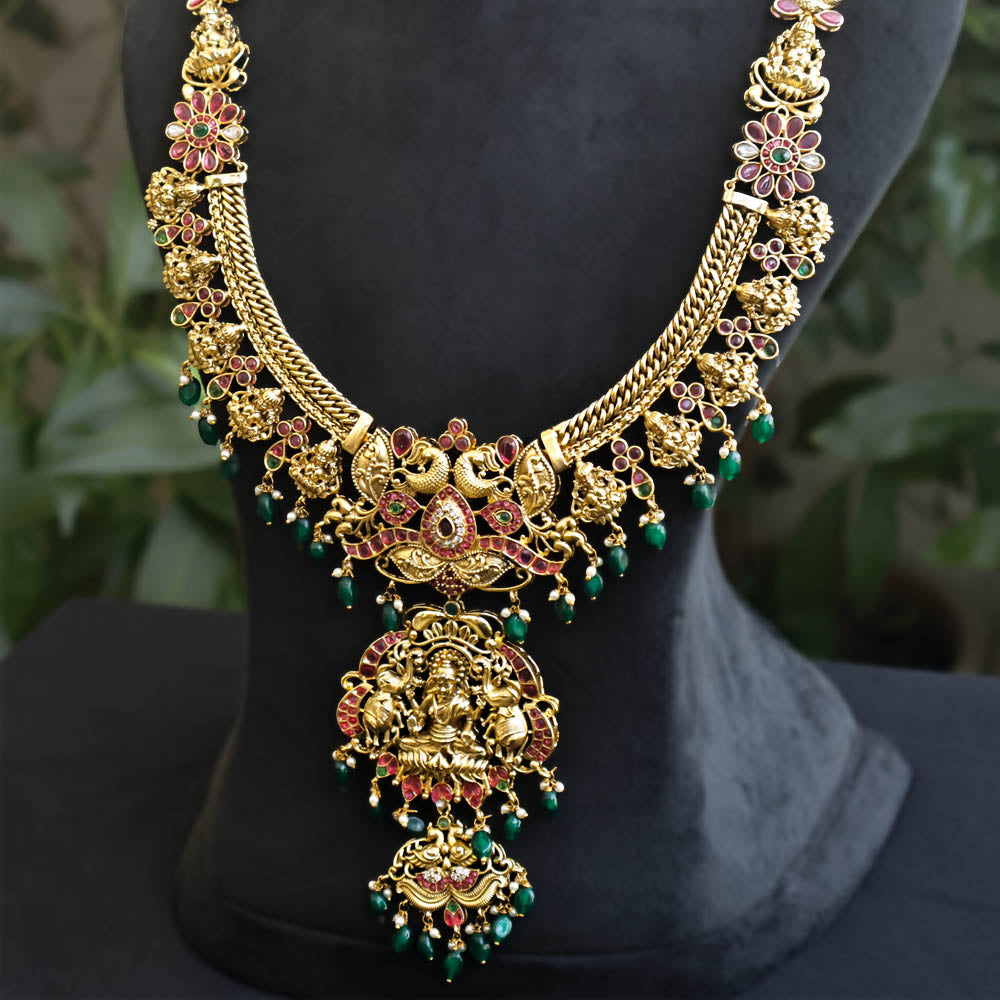 Pure Silver Gold Plated Bridal Haram with Temple Pendant and Green Drops