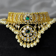 Pure Silver Gold Plated Emerald Polki Temple Choker Necklace