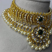 Pure Silver Gold Plated Emerald Polki Temple Choker Necklace
