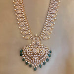 Pure Silver Gold Plated Mango Haram with CZ Stones and Green Drops