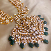 Pure Silver Gold Plated Mango Haram with CZ Stones and Green Drops
