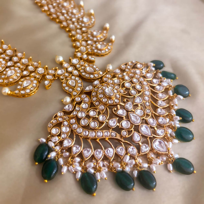 Pure Silver Gold Plated Mango Haram with CZ Stones and Green Drops